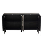 Armoire à linge 4 portes avec étagères réglables – Beige/Noir, MDF et pieds en pin, poignées en métal