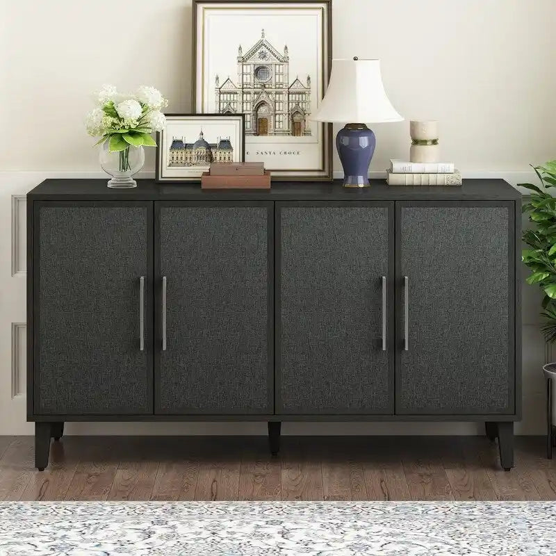 Armoire à linge 4 portes avec étagères réglables – Beige/Noir, MDF et pieds en pin, poignées en métal
