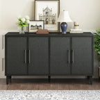 Armoire à linge 4 portes avec étagères réglables – Beige/Noir, MDF et pieds en pin, poignées en métal