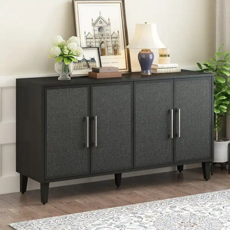 Armoire à linge 4 portes avec étagères réglables – Beige/Noir, MDF et pieds en pin, poignées en métal