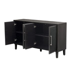 Armoire à linge 4 portes avec étagères réglables – Beige/Noir, MDF et pieds en pin, poignées en métal