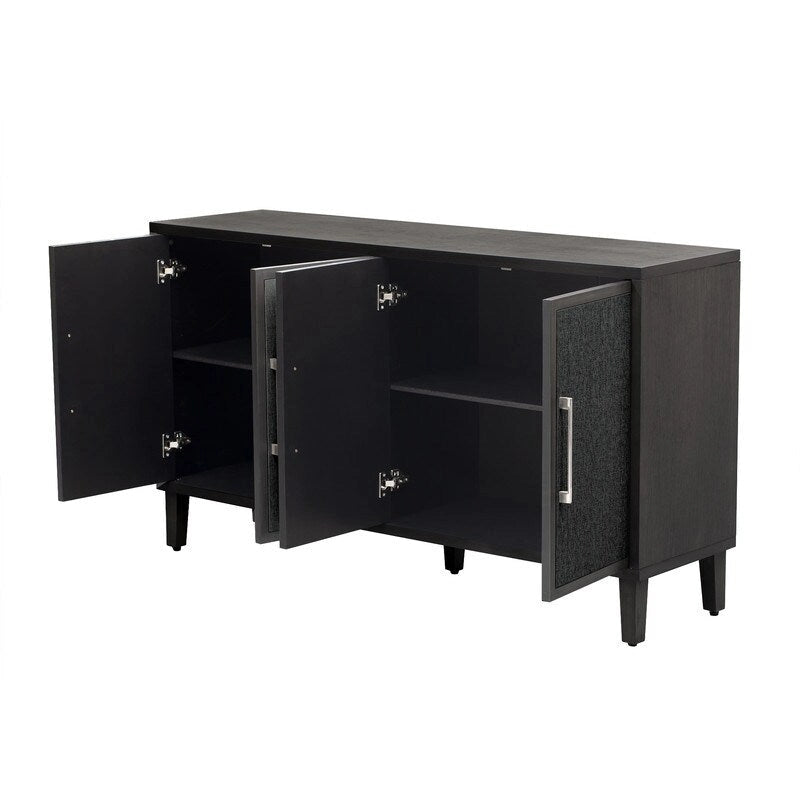 Armoire à linge 4 portes avec étagères réglables – Beige/Noir, MDF et pieds en pin, poignées en métal