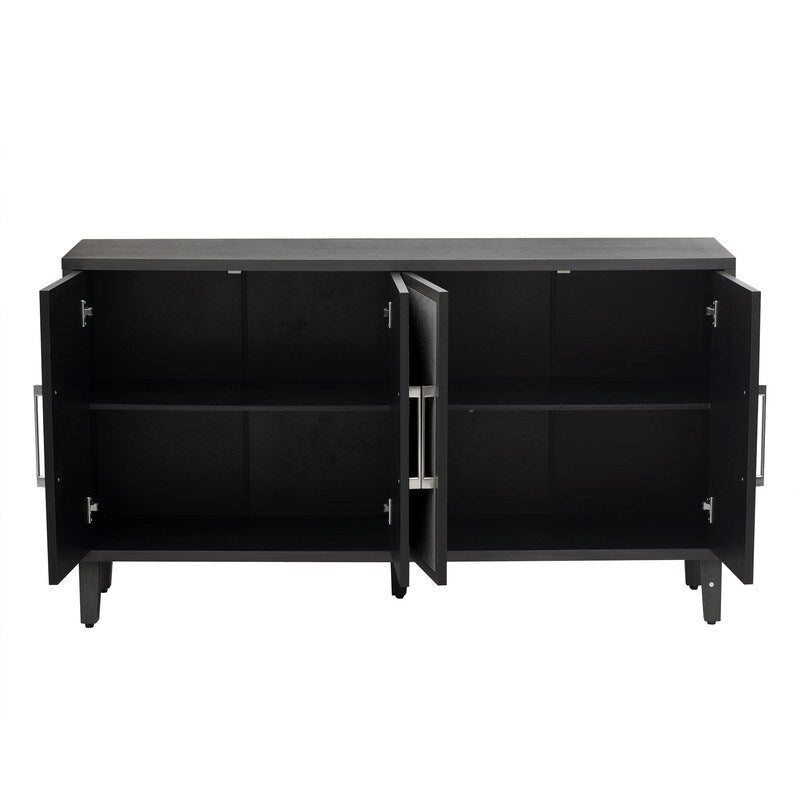 Armoire à linge 4 portes avec étagères réglables – Beige/Noir, MDF et pieds en pin, poignées en métal
