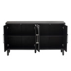 Armoire à linge 4 portes avec étagères réglables – Beige/Noir, MDF et pieds en pin, poignées en métal