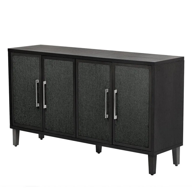 Armoire à linge 4 portes avec étagères réglables – Beige/Noir, MDF et pieds en pin, poignées en métal