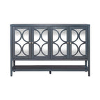 Meuble d'appoint 4 portes avec miroirs et motifs circulaires – Bleu crépuscule, bois, pieds fuselés