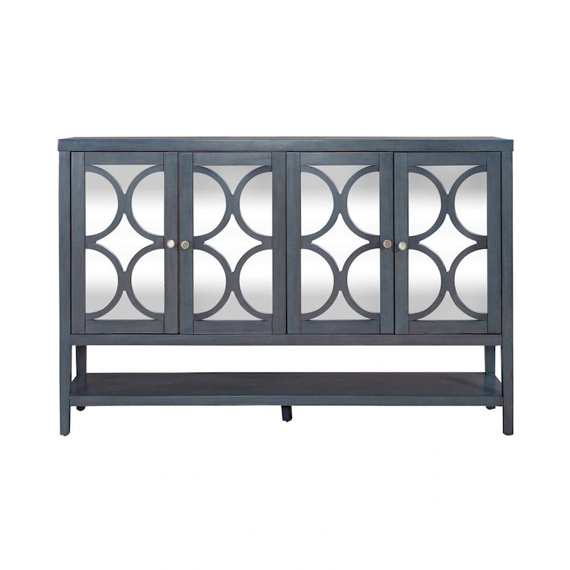 Meuble d'appoint 4 portes avec miroirs et motifs circulaires – Bleu crépuscule, bois, pieds fuselés