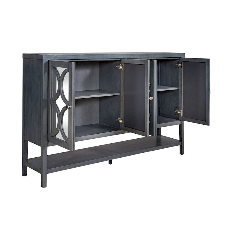 Meuble d'appoint 4 portes avec miroirs et motifs circulaires – Bleu crépuscule, bois, pieds fuselés