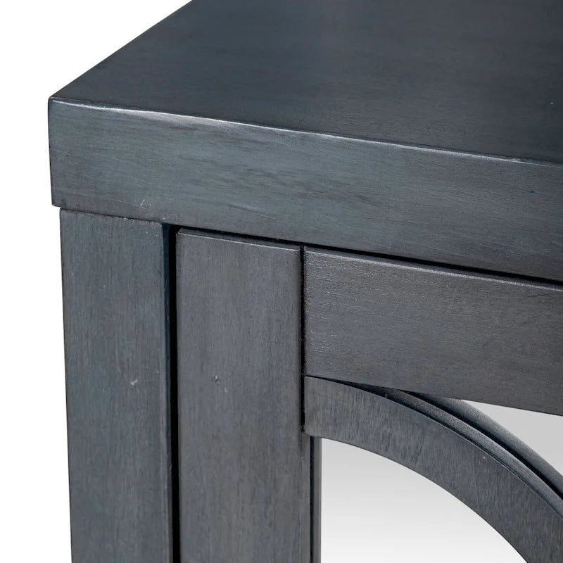 Meuble d'appoint 4 portes avec miroirs et motifs circulaires – Bleu crépuscule, bois, pieds fuselés