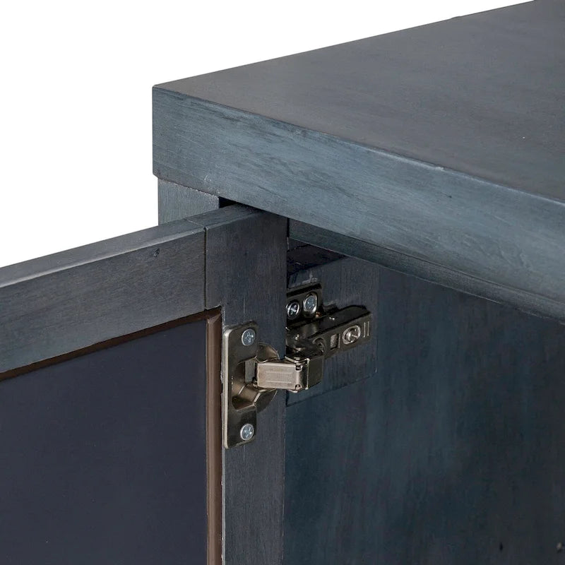 Meuble d'appoint 4 portes avec miroirs et motifs circulaires – Bleu crépuscule, bois, pieds fuselés