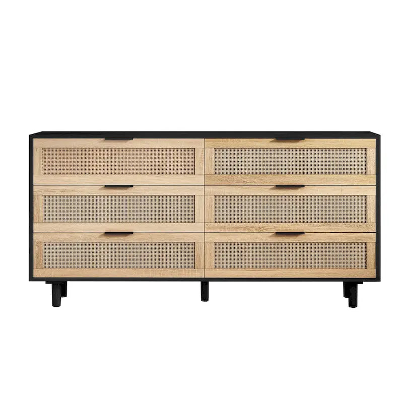 Commode à 6 tiroirs en rotin – Naturel / Noir, MDF, Rangement de chambre