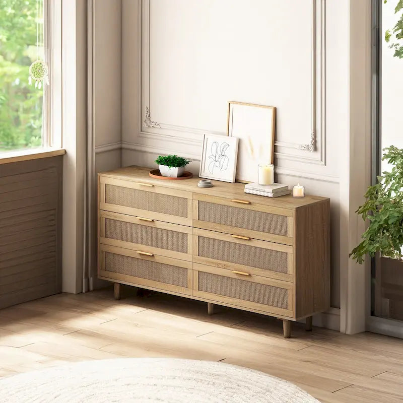 Commode à 6 tiroirs en rotin – Naturel / Noir, MDF, Rangement de chambre