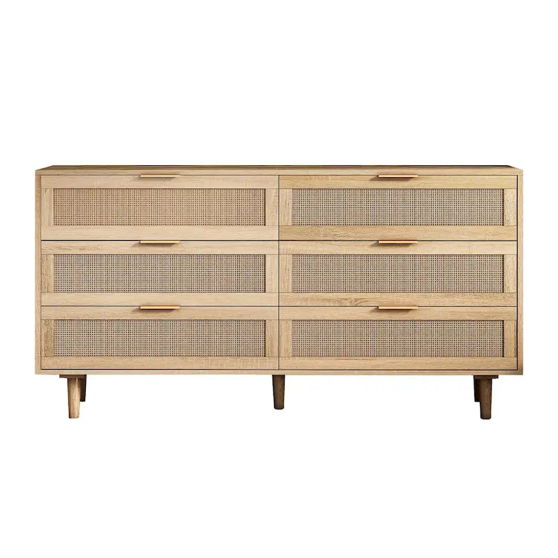 Commode à 6 tiroirs en rotin – Naturel / Noir, MDF, Rangement de chambre