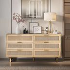 Commode à 6 tiroirs en rotin – Naturel / Noir, MDF, Rangement de chambre