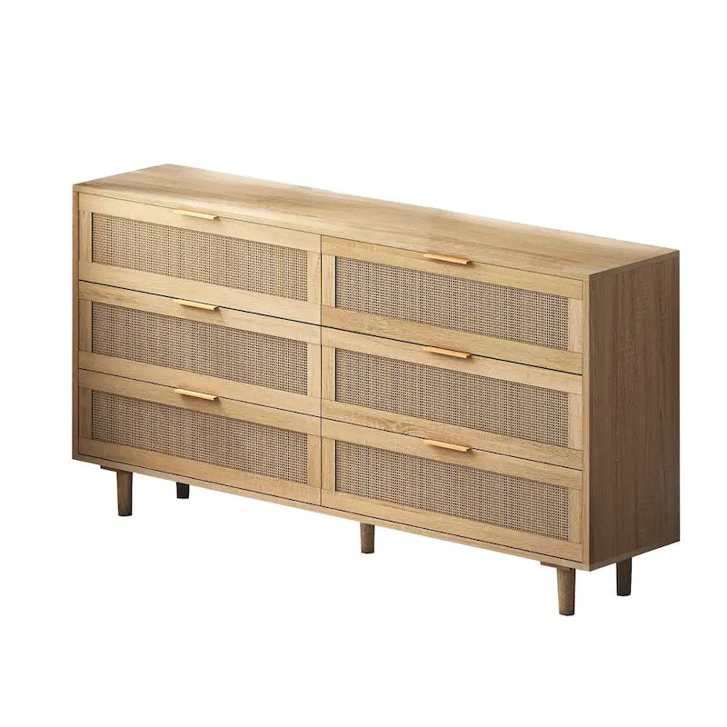 Commode à 6 tiroirs en rotin – Naturel / Noir, MDF, Rangement de chambre