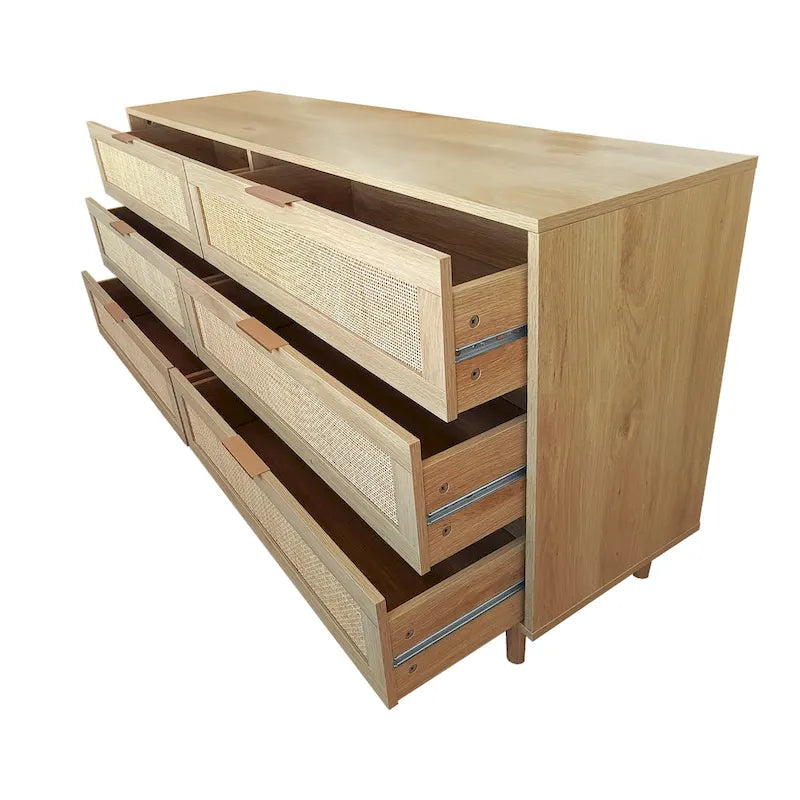 Commode à 6 tiroirs en rotin – Naturel / Noir, MDF, Rangement de chambre