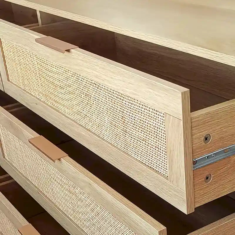 Commode à 6 tiroirs en rotin – Naturel / Noir, MDF, Rangement de chambre