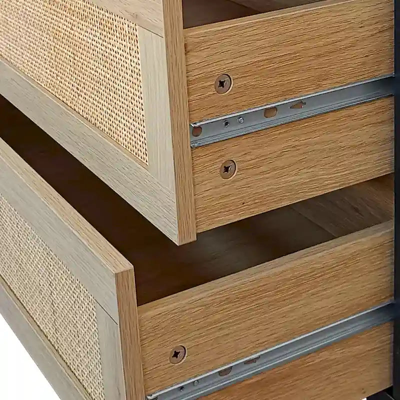 Commode à 6 tiroirs en rotin – Naturel / Noir, MDF, Rangement de chambre