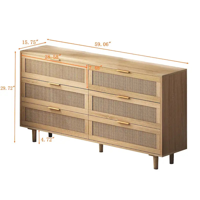 Commode à 6 tiroirs en rotin – Naturel / Noir, MDF, Rangement de chambre