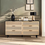 Commode à 6 tiroirs en rotin – Naturel / Noir, MDF, Rangement de chambre