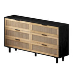 Commode à 6 tiroirs en rotin – Naturel / Noir, MDF, Rangement de chambre