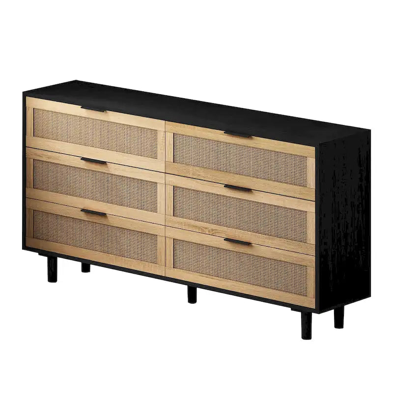Commode à 6 tiroirs en rotin – Naturel / Noir, MDF, Rangement de chambre