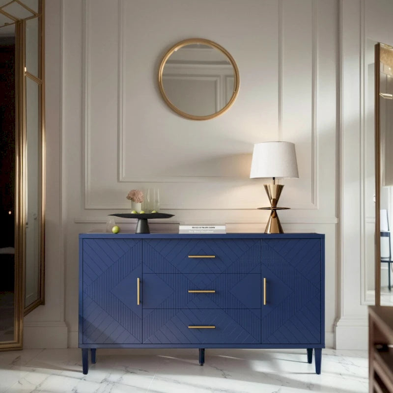 Buffet sculpté 2 portes 3 tiroirs – Bleu marine / Bleu, MDF, Plateau incurvé