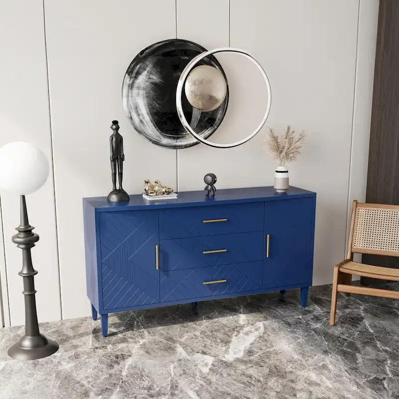Buffet sculpté 2 portes 3 tiroirs – Bleu marine / Bleu, MDF, Plateau incurvé