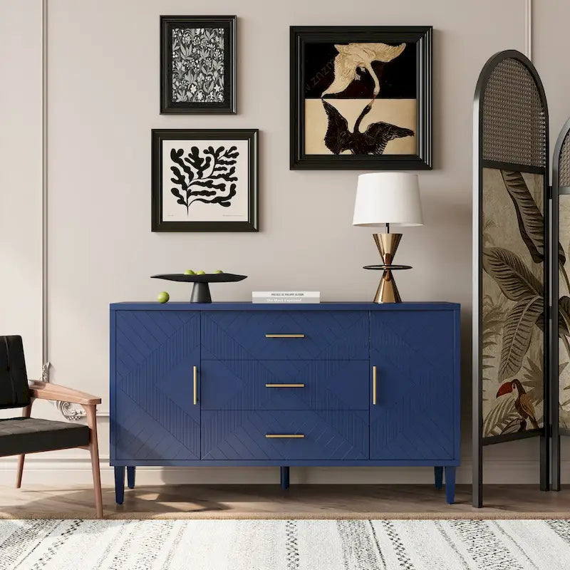 Buffet sculpté 2 portes 3 tiroirs – Bleu marine / Bleu, MDF, Plateau incurvé