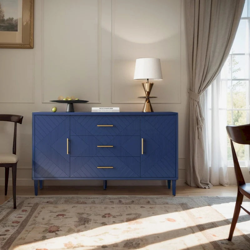 Buffet sculpté 2 portes 3 tiroirs – Bleu marine / Bleu, MDF, Plateau incurvé