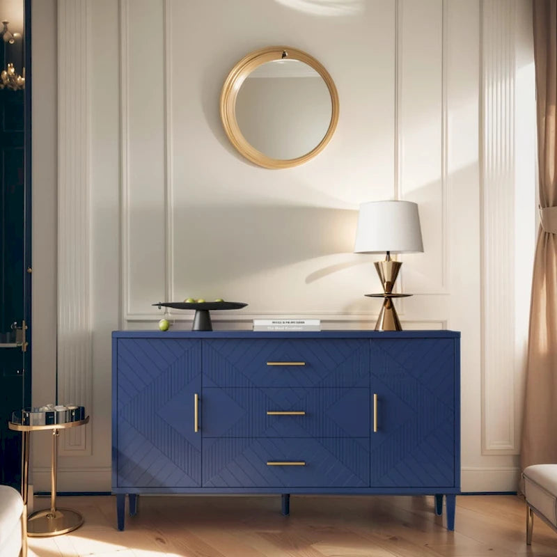 Buffet sculpté 2 portes 3 tiroirs – Bleu marine / Bleu, MDF, Plateau incurvé