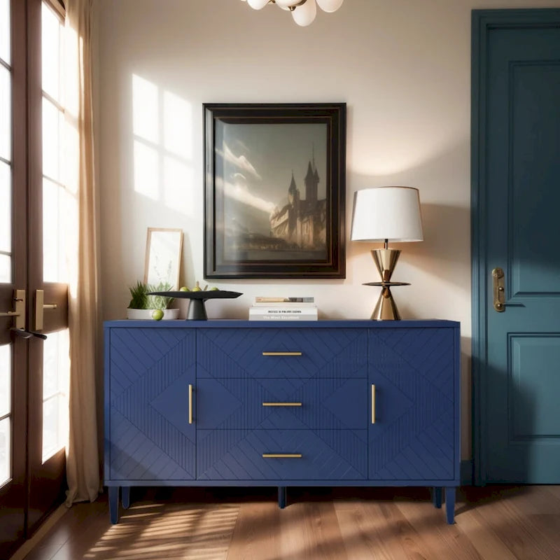 Buffet sculpté 2 portes 3 tiroirs – Bleu marine / Bleu, MDF, Plateau incurvé