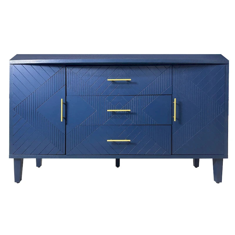 Buffet sculpté 2 portes 3 tiroirs – Bleu marine / Bleu, MDF, Plateau incurvé