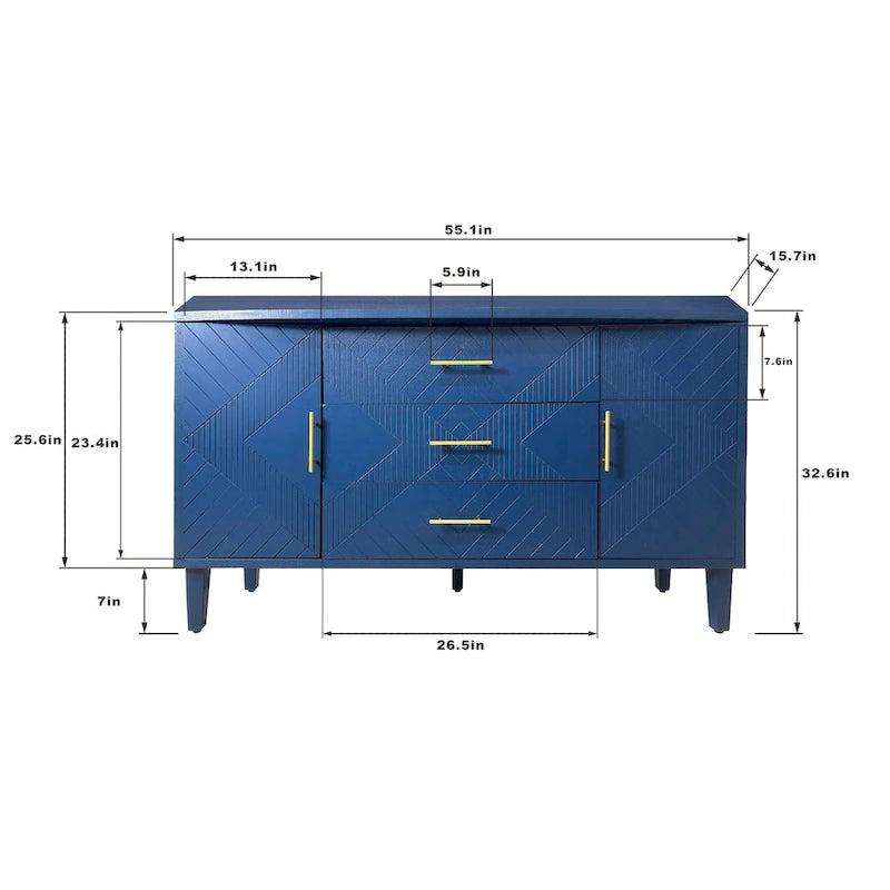 Buffet sculpté 2 portes 3 tiroirs – Bleu marine / Bleu, MDF, Plateau incurvé