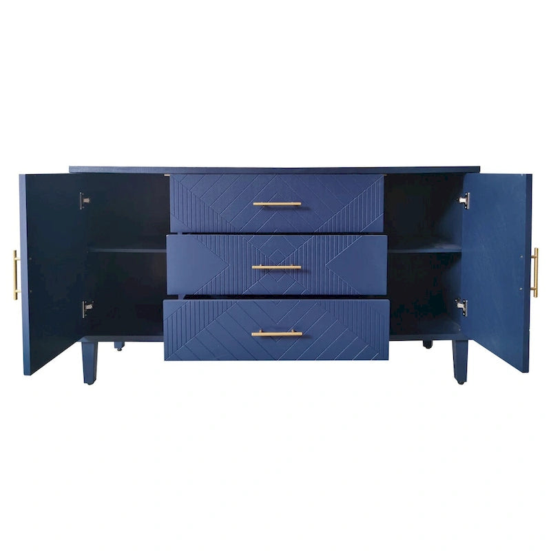 Buffet sculpté 2 portes 3 tiroirs – Bleu marine / Bleu, MDF, Plateau incurvé