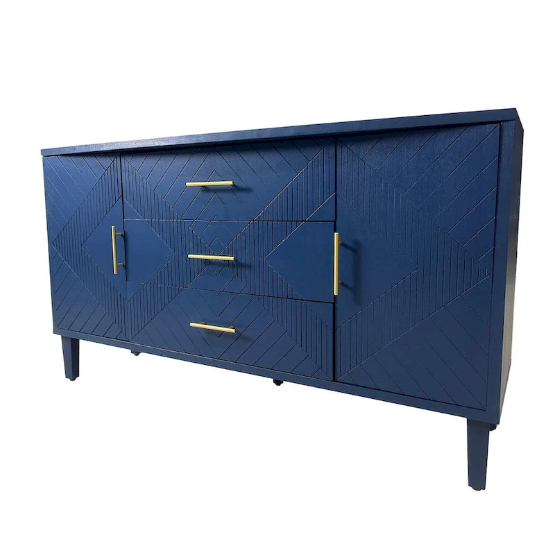 Buffet sculpté 2 portes 3 tiroirs – Bleu marine / Bleu, MDF, Plateau incurvé