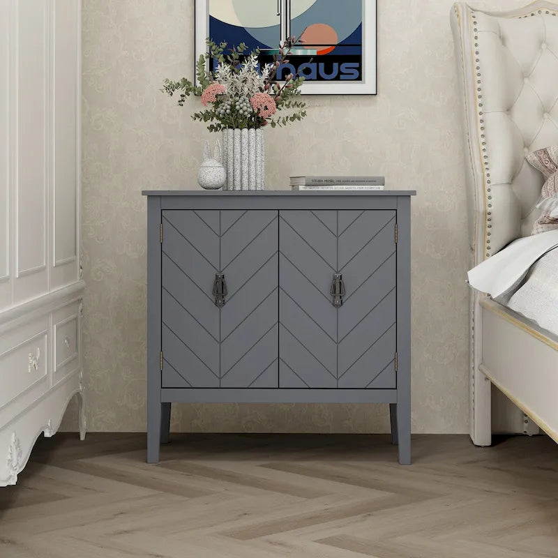 Buffet vintage 2 portes avec étagères réglables – Noir/Gris, MDF, poignées en cuivre antique