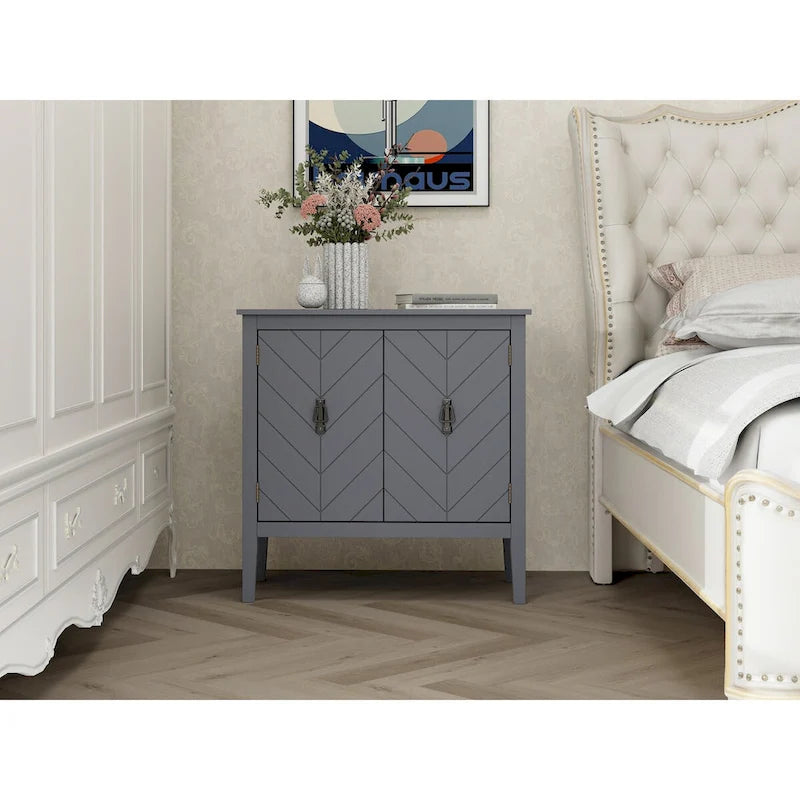 Buffet vintage 2 portes avec étagères réglables – Noir/Gris, MDF, poignées en cuivre antique