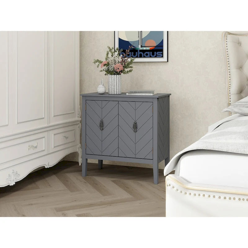 Buffet vintage 2 portes avec étagères réglables – Noir/Gris, MDF, poignées en cuivre antique