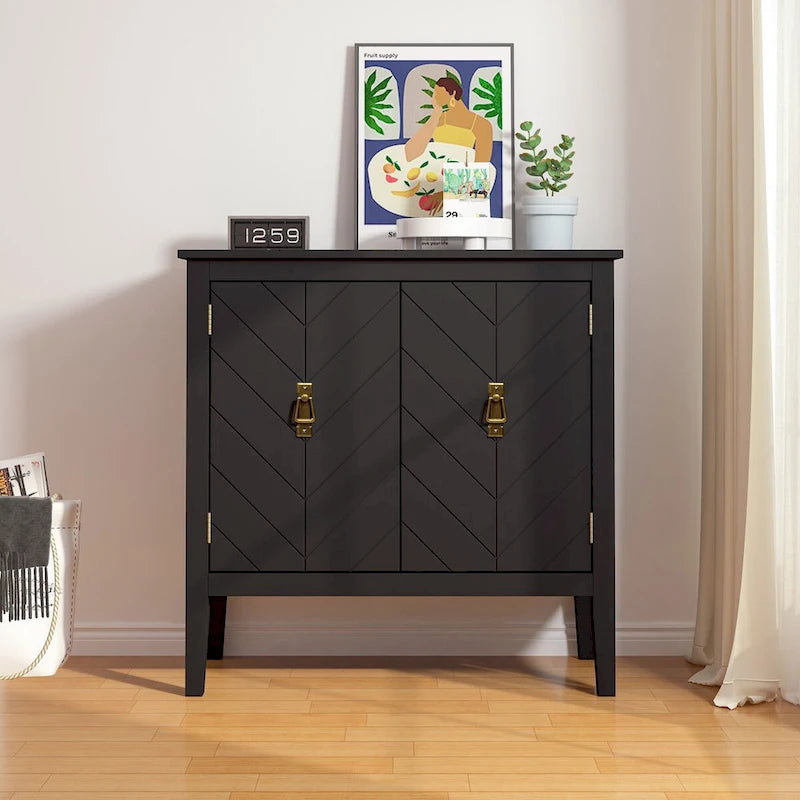 Buffet vintage 2 portes avec étagères réglables – Noir/Gris, MDF, poignées en cuivre antique