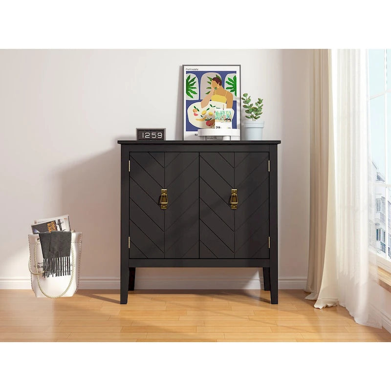 Buffet vintage 2 portes avec étagères réglables – Noir/Gris, MDF, poignées en cuivre antique