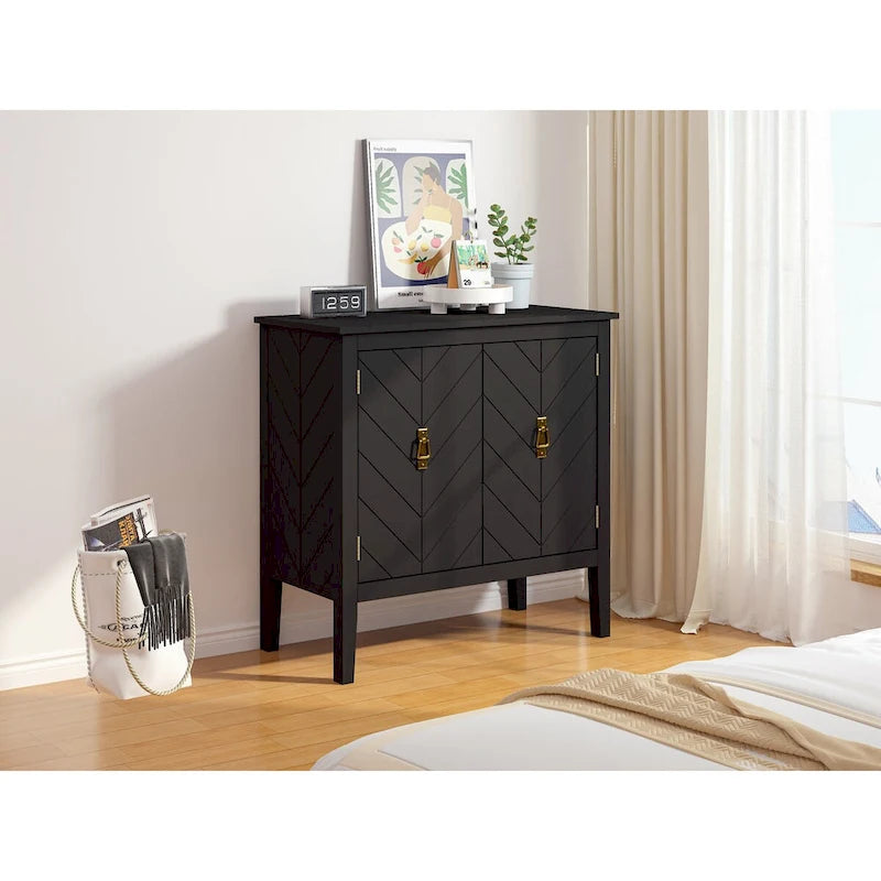 Buffet vintage 2 portes avec étagères réglables – Noir/Gris, MDF, poignées en cuivre antique