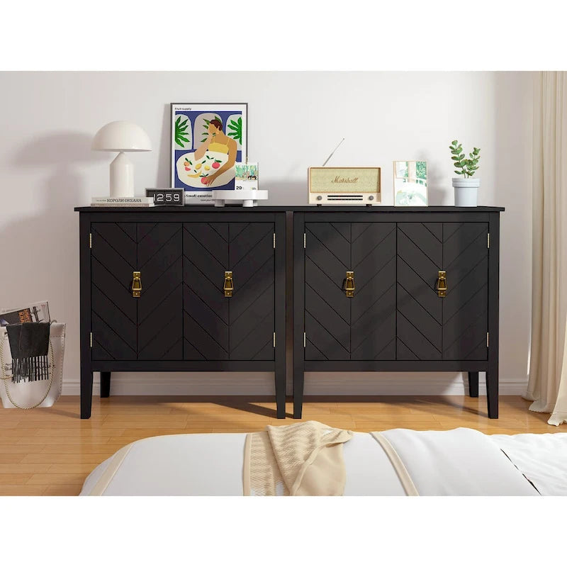 Buffet vintage 2 portes avec étagères réglables – Noir/Gris, MDF, poignées en cuivre antique