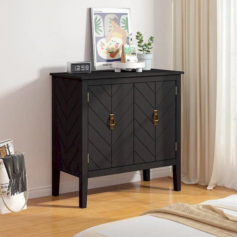 Buffet vintage 2 portes avec étagères réglables – Noir/Gris, MDF, poignées en cuivre antique