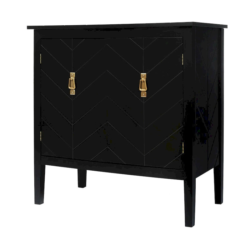 Buffet vintage 2 portes avec étagères réglables – Noir/Gris, MDF, poignées en cuivre antique
