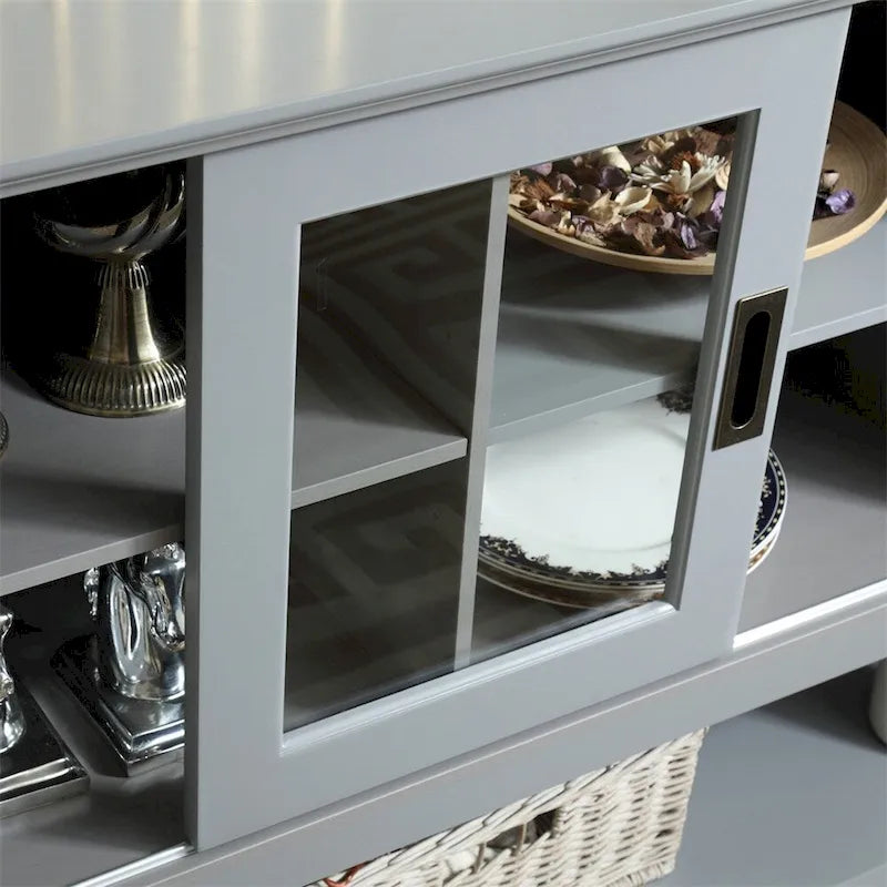 Meuble Buffet avec Portes en Verre Trempé – Gris, MDF, Assemblage à 2 Personnes