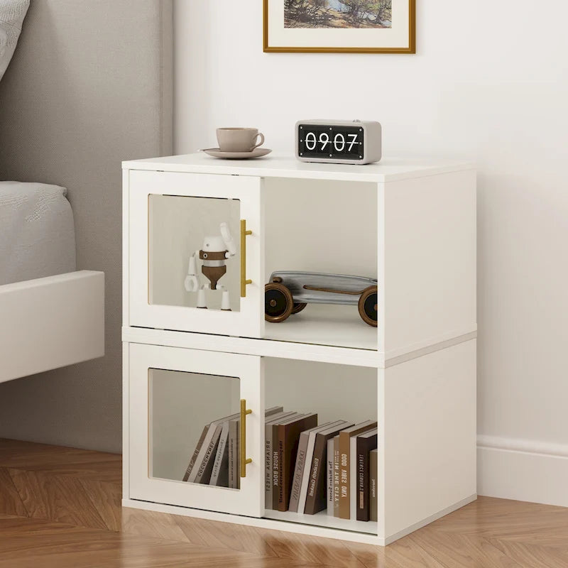 Meuble de rangement 24 cubes avec porte coulissante – Beige, finition bois, bibliothèque ouverte