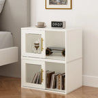 Meuble de rangement 24 cubes avec porte coulissante – Beige, finition bois, bibliothèque ouverte
