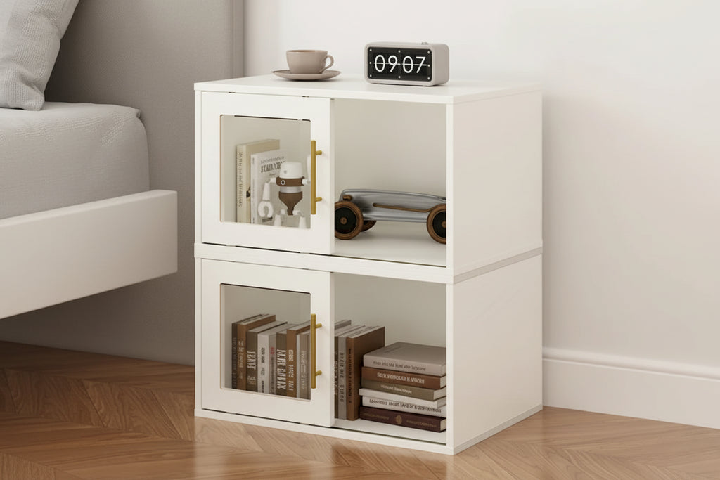 Meuble de rangement 24 cubes avec porte coulissante – Beige, finition bois, bibliothèque ouverte