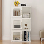 Meuble de rangement 24 cubes avec porte coulissante – Beige, finition bois, bibliothèque ouverte